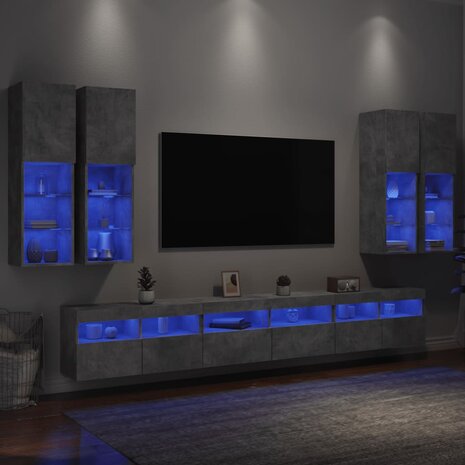 7-delige Tv-wandmeubelset met LED-verlichting betongrijs 1