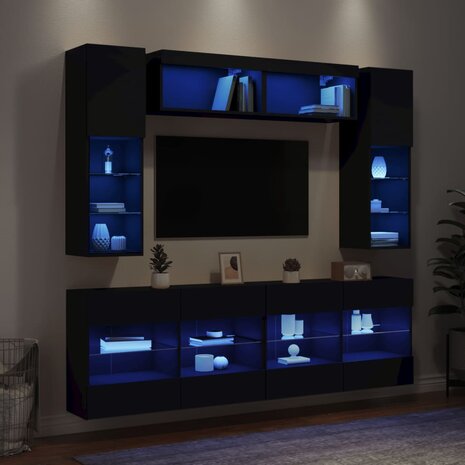 6-delige Tv-wandmeubelset met LED-verlichting zwart 1