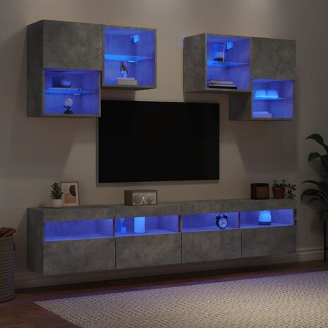 6-delige Tv-wandmeubelset met LED-verlichting betongrijs 1