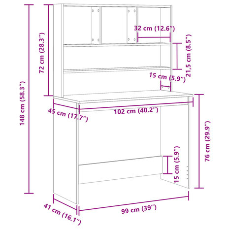 Bureau met schappen 102x45x148 cm bewerkt hout artisanaal eiken 9