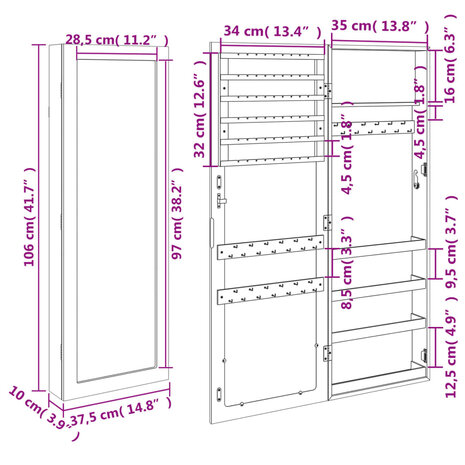 Sieradenkast met spiegel wandgemonteerd 37,5x10x106 cm wit 11