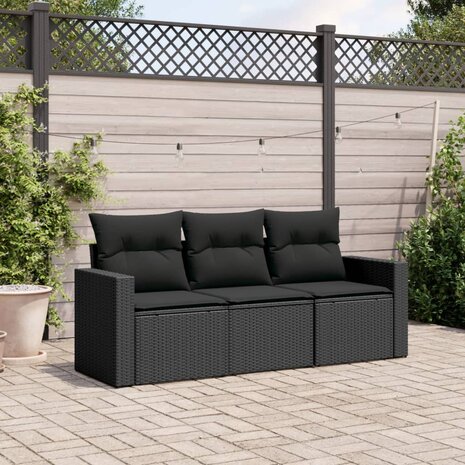 3-delige Loungeset met kussens poly rattan zwart 1