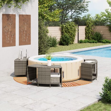 Hottub-ombouw poly rattan massief acaciahout grijs 2