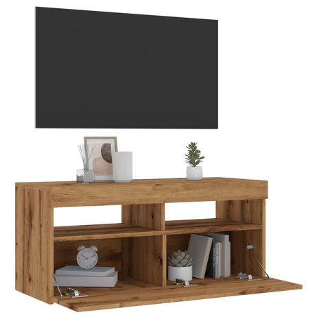 Tv-meubel met LED 90x35x40 cm bewerkt hout artisanaal eiken 1