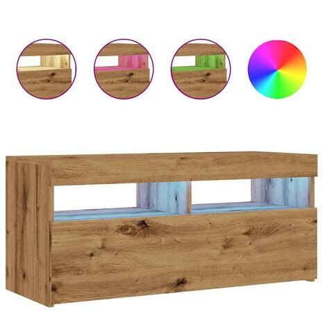 Tv-meubel met LED 90x35x40 cm bewerkt hout artisanaal eiken 2