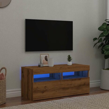 Tv-meubel met LED 90x35x40 cm bewerkt hout artisanaal eiken 4