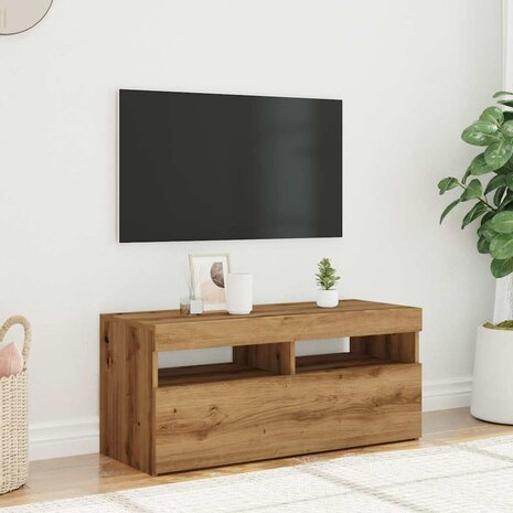 Tv-meubel met LED 90x35x40 cm bewerkt hout artisanaal eiken 5