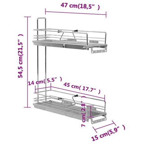 Draadmand keuken uittrekbaar 2-laags 47x15x54,5cm zilverkleurig 9