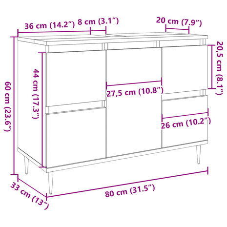 Badkamerkast 80x33x60 cm bewerkt hout oud houtkleurig 11