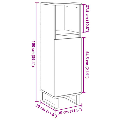 Badkamerkast 30x30x100 cm bewerkt hout artisanaal eikenkleurig 10