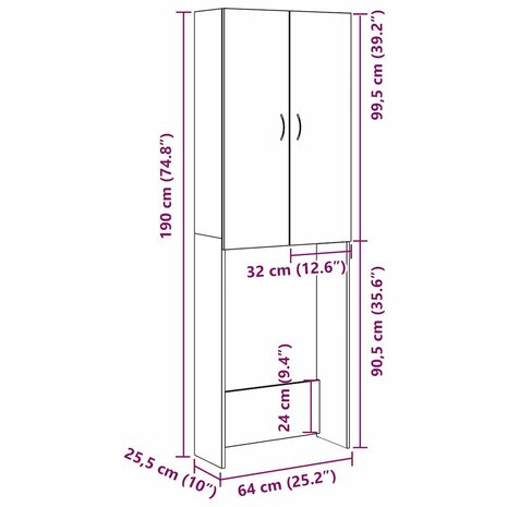 Wasmachinekast 64x25,5x190 cm betongrijs 12