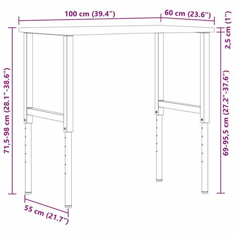 Werkbank 100x60x(71,5-98) cm eikenhout lichtbruin 12