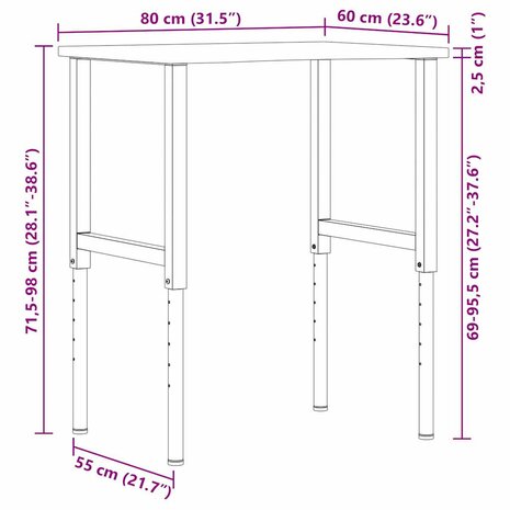 Werkbank 80x60x(71,5-98) cm eikenhout donkerbruin 12