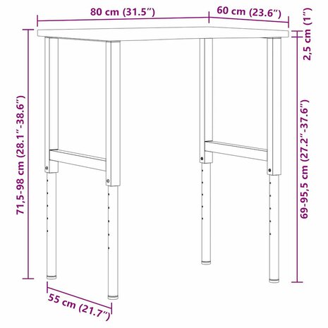 Werkbank 80x60x(71,5-98) cm eikenhout lichtbruin 12