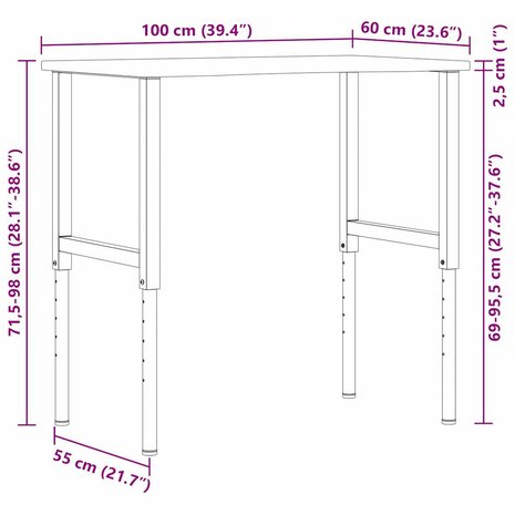 Werkbank 100x60x(71,5-98) cm eikenhout donkerbruin 11