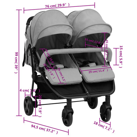 Tweeling buggy staal lichtgrijs en zwart 11