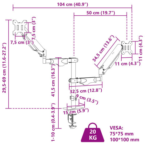 Monitorbeugels 27 inch scherm 20 kg Max VESA 75/100 mm 12