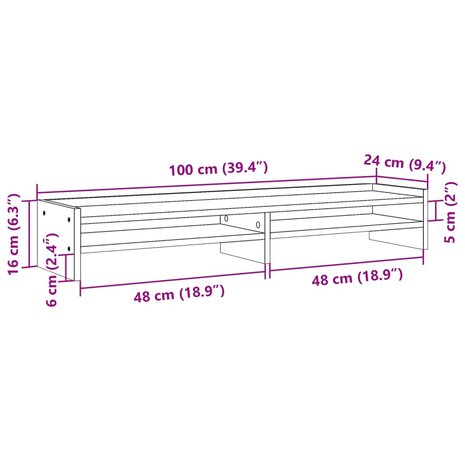 Monitorstandaard 100x24x16 cm bewerkt hout betongrijs 9