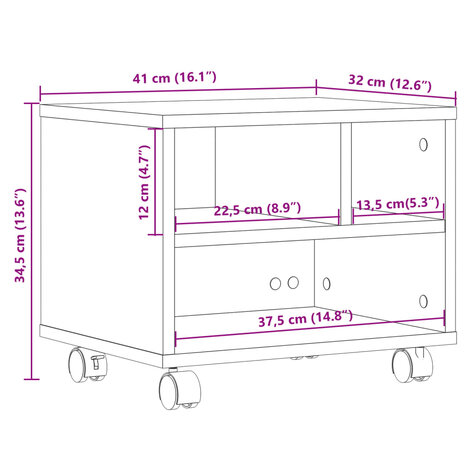 Printerkastje met wielen 41x32x34,5 cm gerookt eikenkleurig 10