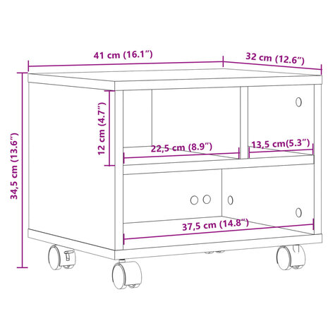 Printerkastje met wielen 41x32x34,5 cm grijs sonoma eikenkleur 10