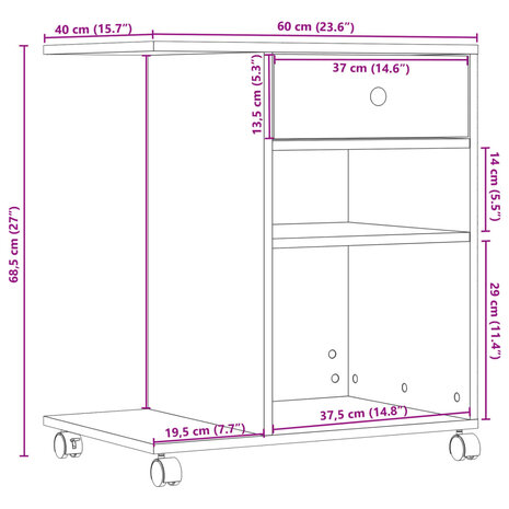 Printerkastje met wielen 60x40x68,5 cm grijs sonoma eikenkleur 10