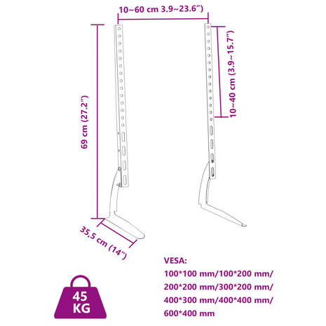 TV-standaards 2 st 37-75 inch scherm 45 kg Max VESA 600x400 mm 8