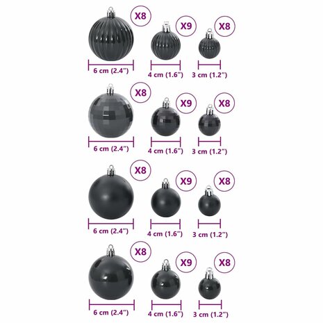 Kerstballen 100 st Ø3/4/6 cm zwart 9