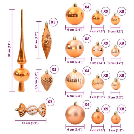 Kerstballen 98 st Ø3/4/6 cm koper 12