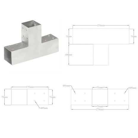 Paalverbindingen 4 st T-vorm 71x71 mm gegalvaniseerd metaal 8