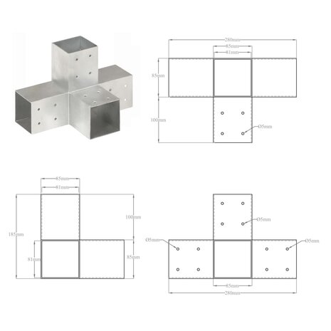 Paalverbindingen 4 st X-vorm 81x81 mm gegalvaniseerd metaal 8