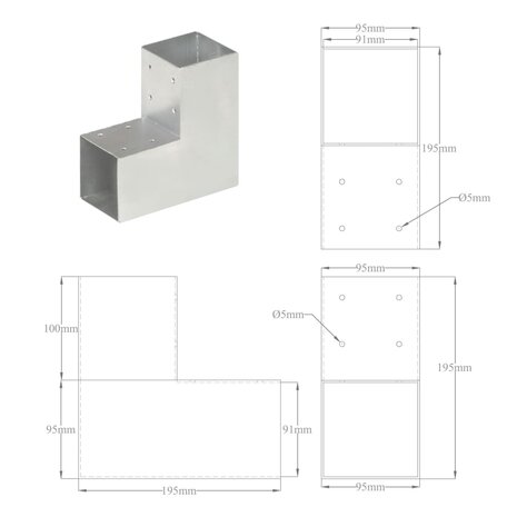 Paalverbindingen 4 st L-vorm 91x91 mm gegalvaniseerd metaal 8