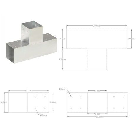 Paalverbindingen 4 st T-vorm 91x91 mm gegalvaniseerd metaal 8