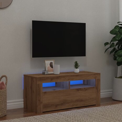 Tv-meubel met LED 90x35x40 cm bewerkt hout artisanaal eiken 1