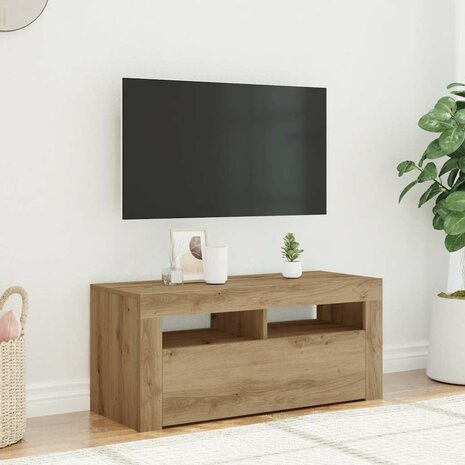 Tv-meubel met LED 90x35x40 cm bewerkt hout artisanaal eiken 4