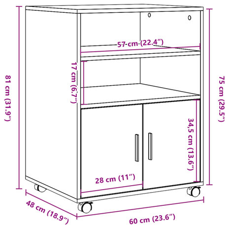 Rolkast 60x48x81 cm bewerkt hout bruin eikenkleur 10