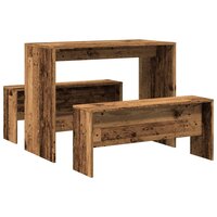 3-delige Eettafel en bankenset bewerkt hout oud houtkleurig 6