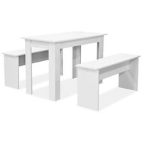 Eettafel en banken 3 st bewerkt hout wit 2
