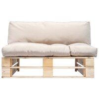 Tuinbank pallet met zandkleurige kussens grenenhout 2