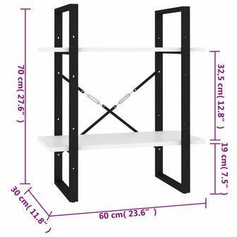 Boekenkast met 2 schappen 60x30x70 cm bewerkt hout wit 7