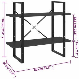 Boekenkast met 2 schappen 80x30x70 cm spaanplaat grijs 7