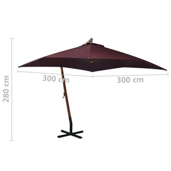 Zweefparasol met paal 3x3 m massief vurenhout bordeauxrood 8