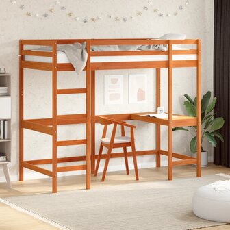 Hoogslaper met bureau massief grenenhout wasbruin 90x200 cm 1