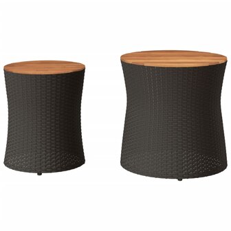 Tuinbijzettafels 2 st met houten blad poly rattan zwart 4