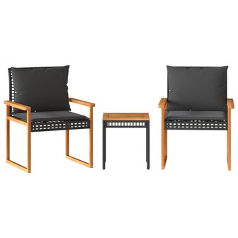 3-delige Bistroset met kussens poly rattan en acaciahout zwart 2