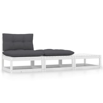 3-delige Loungeset met kussens massief grenenhout wit 1