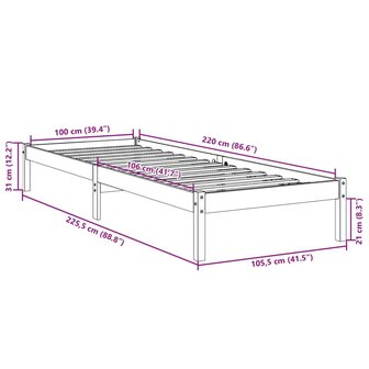 Bedframe extra lang zonder matras massief grenenhout 100x220 cm 9