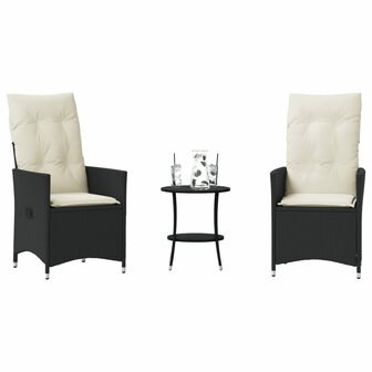 3-delige Bistroset met kussens poly rattan zwart 1