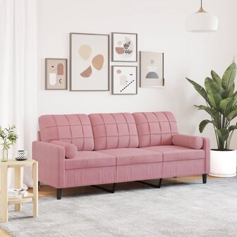 Driezitsbank met sierkussens 180 cm fluweel roze 1