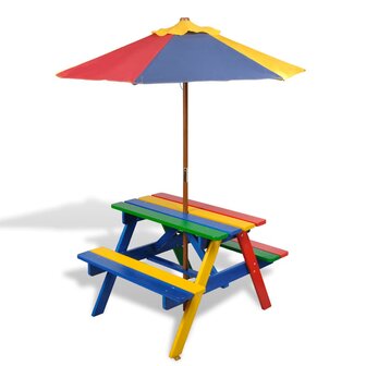 Kinderpicknicktafel met banken en parasol hout meerkleurig 1