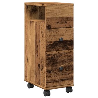 Badkamerkast smal met wielen bewerkt hout oud houtkleurig 2